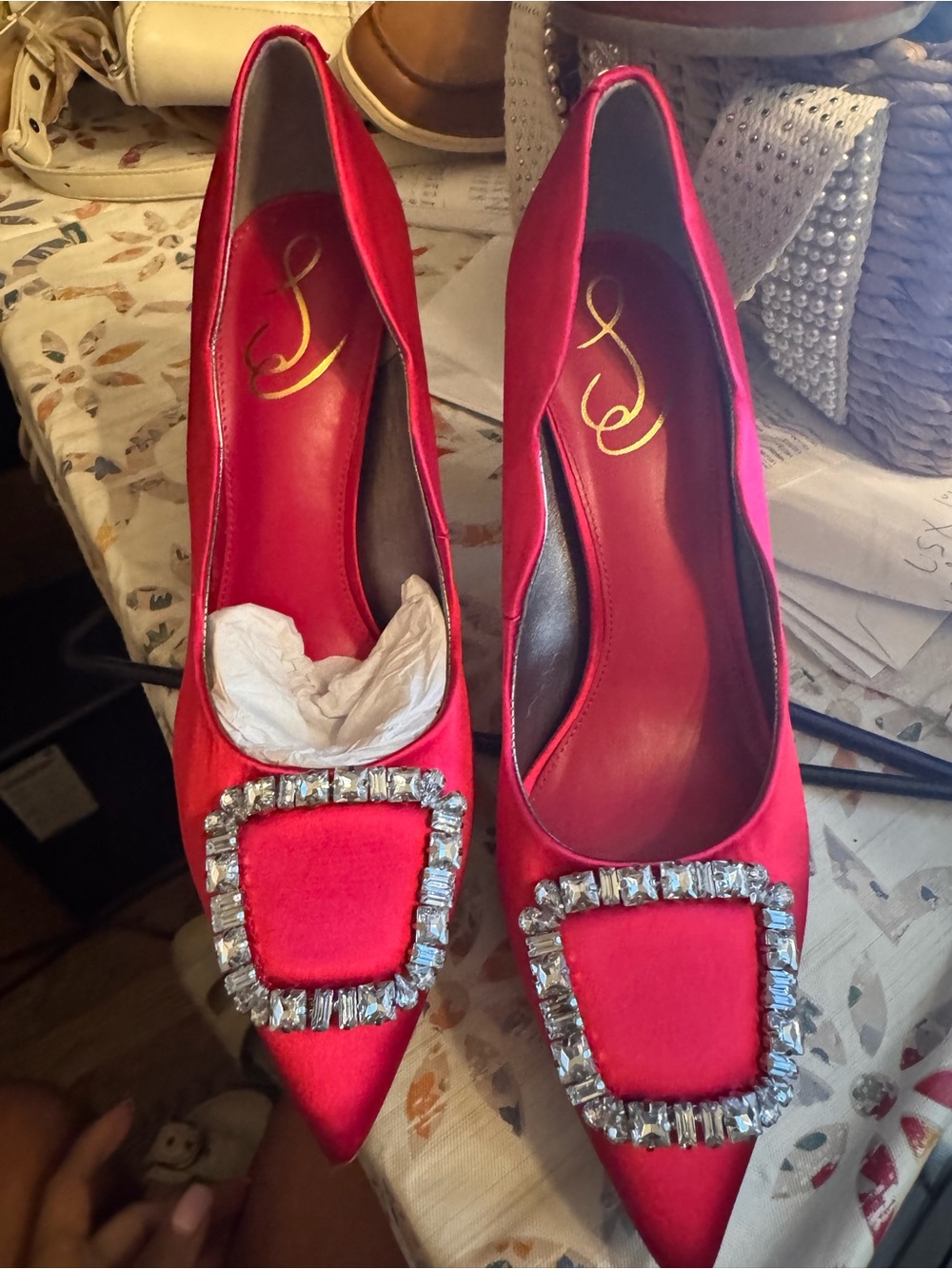 Sam Edelman Red Satin Pointed Toe Crystal Buckle Pumps